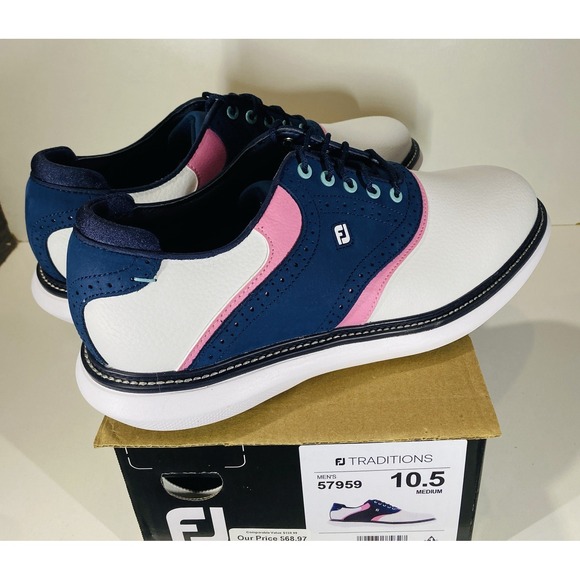 FootJoy Traditions White Navy Pink Saddle Spiked Golf Shoes 57959 Men Size 10.5 - Picture 2 of 8